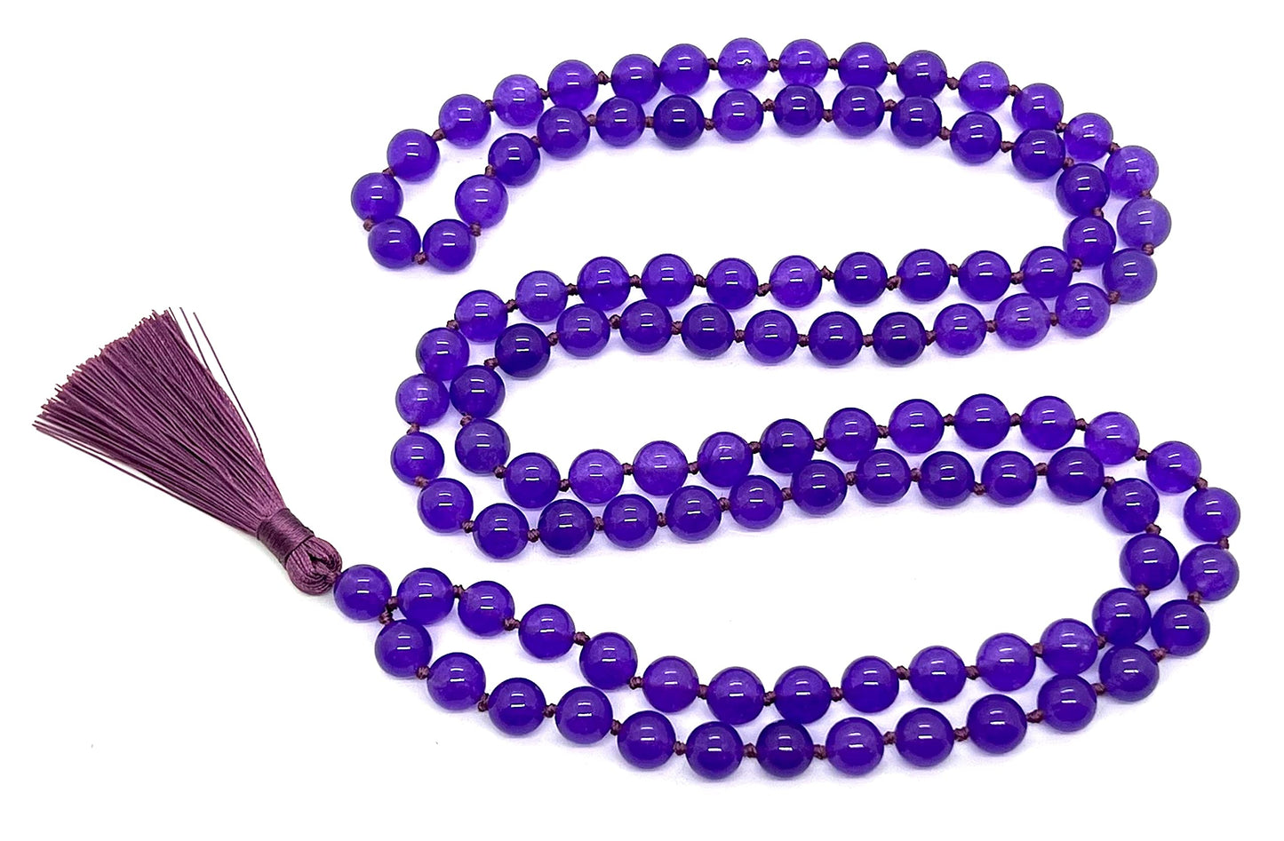Calming & Balancing Purple Jade Mala Necklace with Tassel (8mm 108 Beads) - Taurus & Libra Birthstone - Heart Chakra Harmony