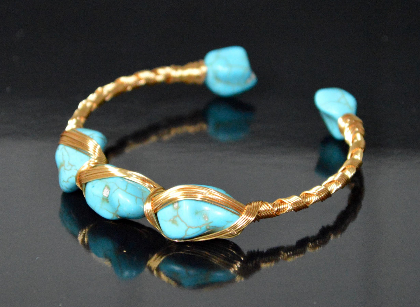Natural Turquoise Bangle – December Birthstone Bracelet – Handmade Wire Wrapped Adjustable Bangle with 18k Gold Plating – Throat Chakra – Ethically Sourced Gemstone Jewelry Gift for Women & Moms