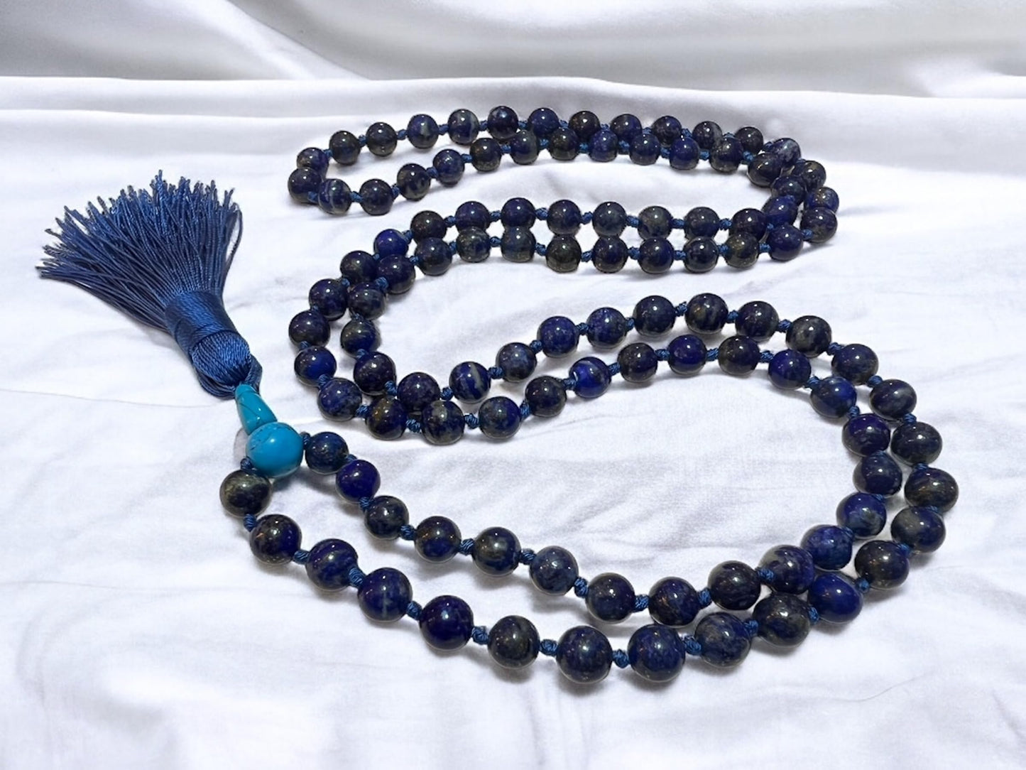 Hand Knotted 10mm Lapis Lazuli Mala Beads Necklace | Third Eye & Throat Chakra Healing | Intuition & Communication Boost - Natural Undyed