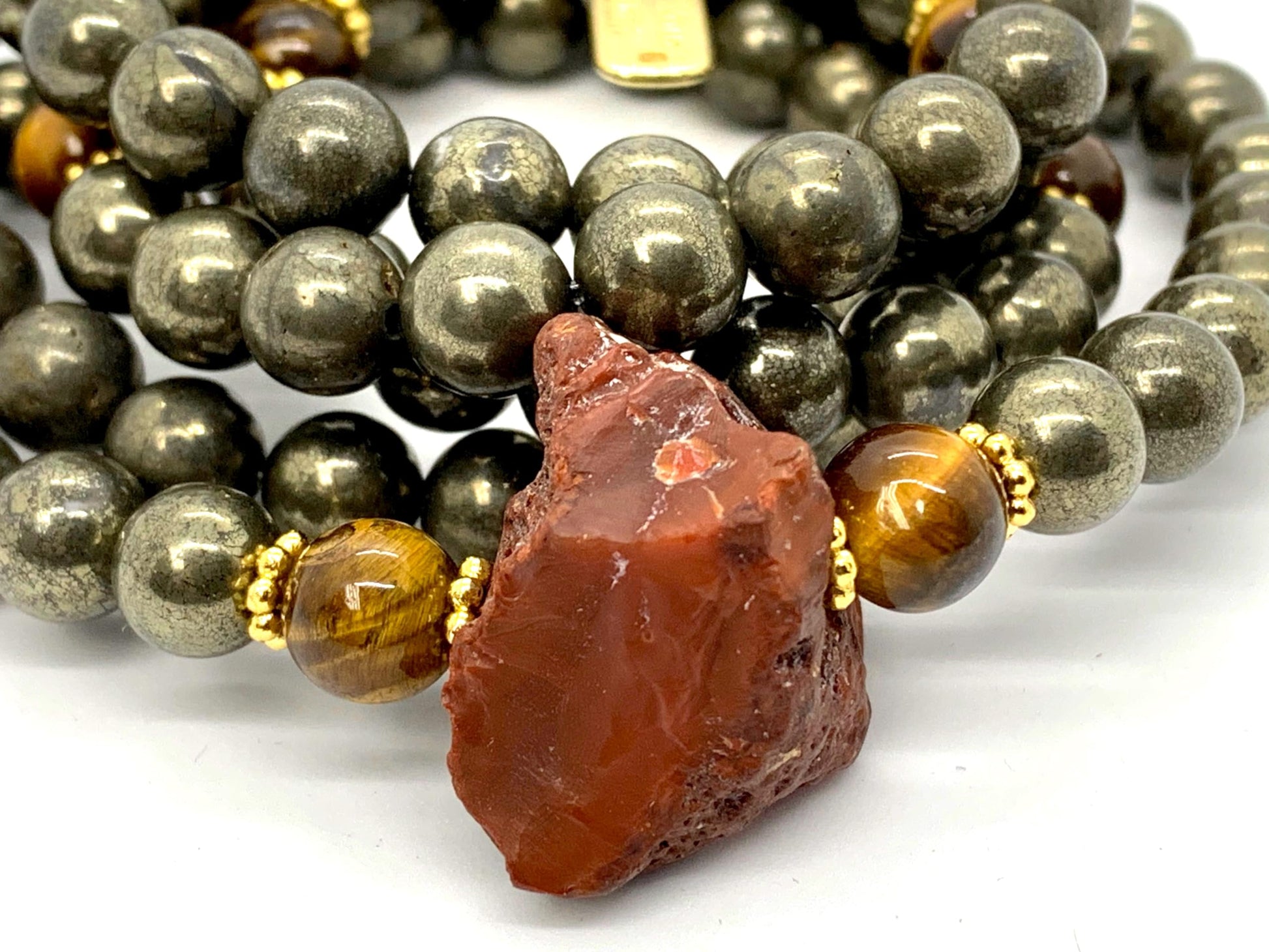 Carnelian Tiger's Eye Pyrite Mala Beads Close-up 8mm Hand-Knotted Natural Stone HIRANYA Collection Solar Plexus Sacral Chakra Healing Protection Abundance Meditation Handmade USA AYK