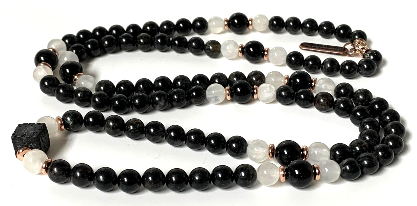 Stretchable Black Tourmaline & Selenite Mala Beads Necklace | 8mm 108 Beads | Root & Crown Chakras | Birthstone Energy | Ethically Sourced