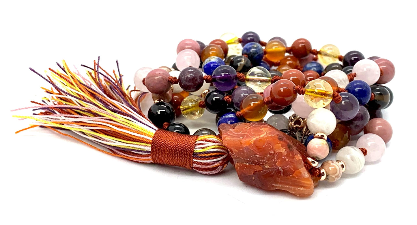 Hand Knotted Calming Energy Emotional Balance Mala Beaded Necklace β 8mm | 108 Beads | 12-Stone Chakra Harmony | Ethically Sourced Gemstones