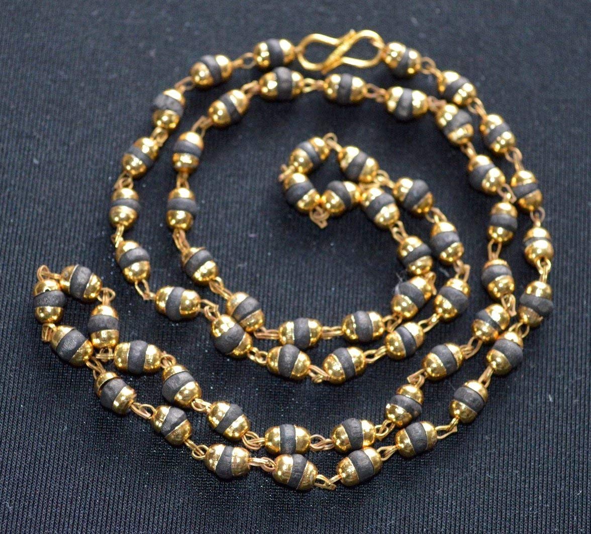Tulsi mala beads necklace 6mm Holy Basil beads Buddhist Prayer beads with gold/silver caps w/ or w/o S Hook - Sacred calming beads for peace harmony (Style-2 (Black Gold Caps w/ S Hook))