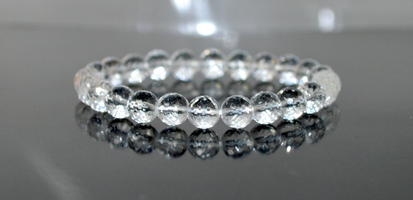 Diamond Cut Crystal Quartz Stretch Bracelet – 6mm & 8mm – April Birthstone for Aries and Taurus Zodiac Sun Sign – Crown Chakra Energy Bracelet