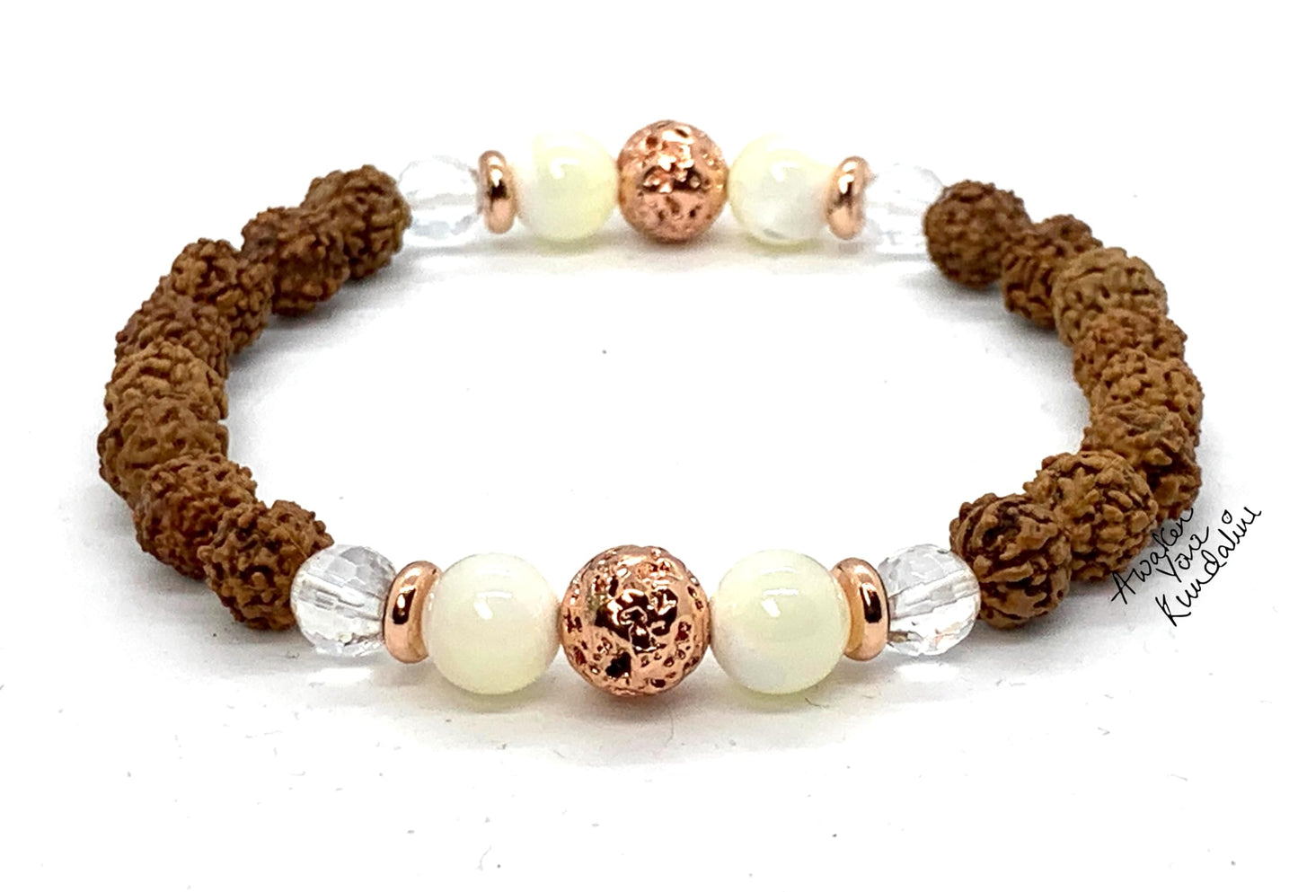 5 Mukhi Chikna Rudraksha, Crystal Quartz, Mother of Pearl and Lava Stretch Bracelet - April Birthstone for Aries, Taurus - Root & Crown Chakra Alignment