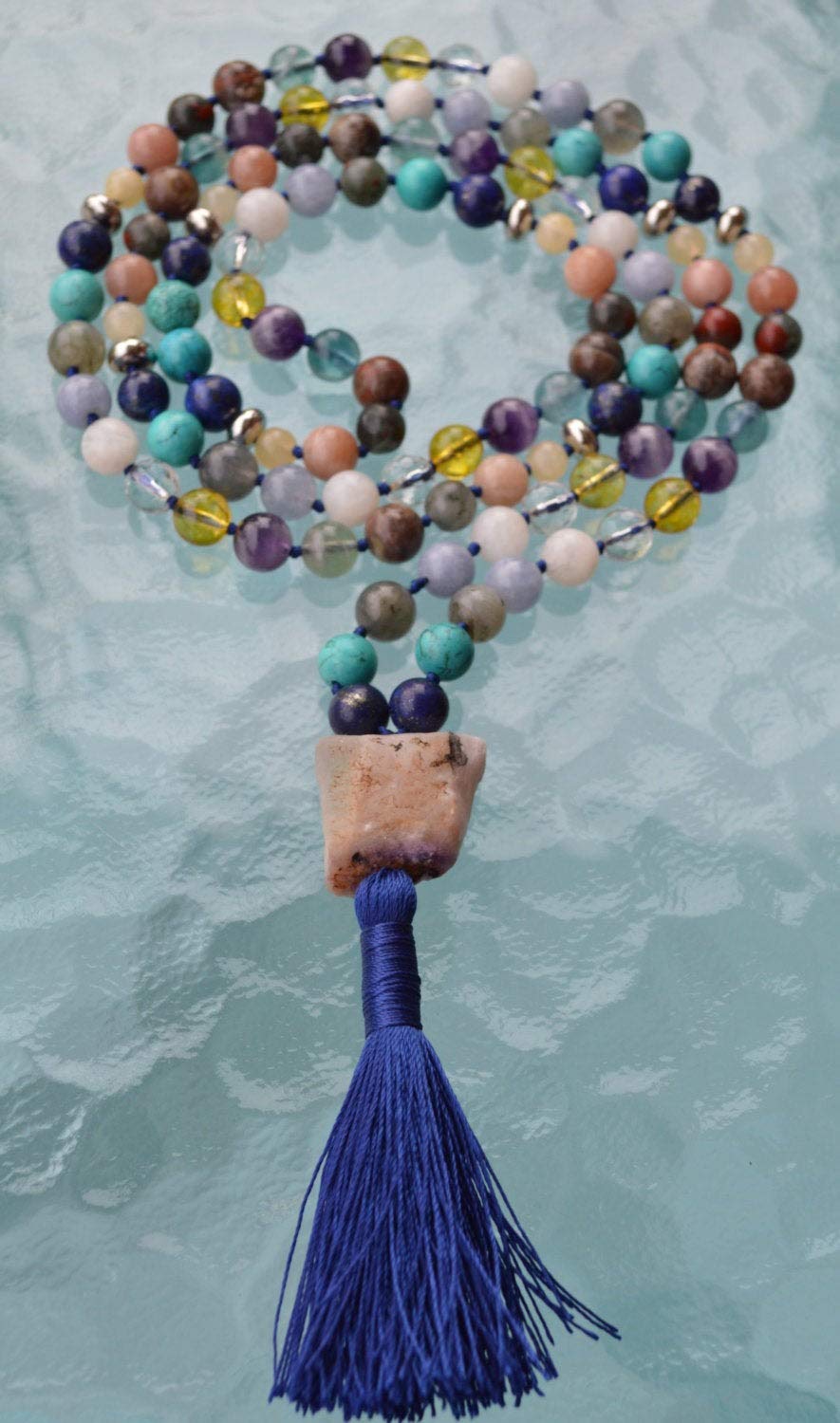 Hand-Knotted Pisces Mala Necklace – February & March Birthstone - Third Eye, Throat, Heart, Solar Plexus and Crown Chakras