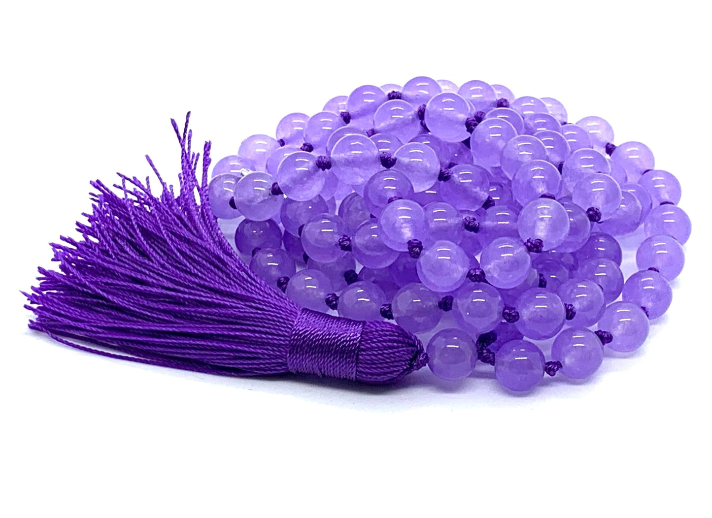 Hand Knotted Royal Harmony Mala Necklace – Natural Purple Jade Beads | 8mm 108 Prayer Beads | Third Eye & Crown Chakras | February Birthstone Energy