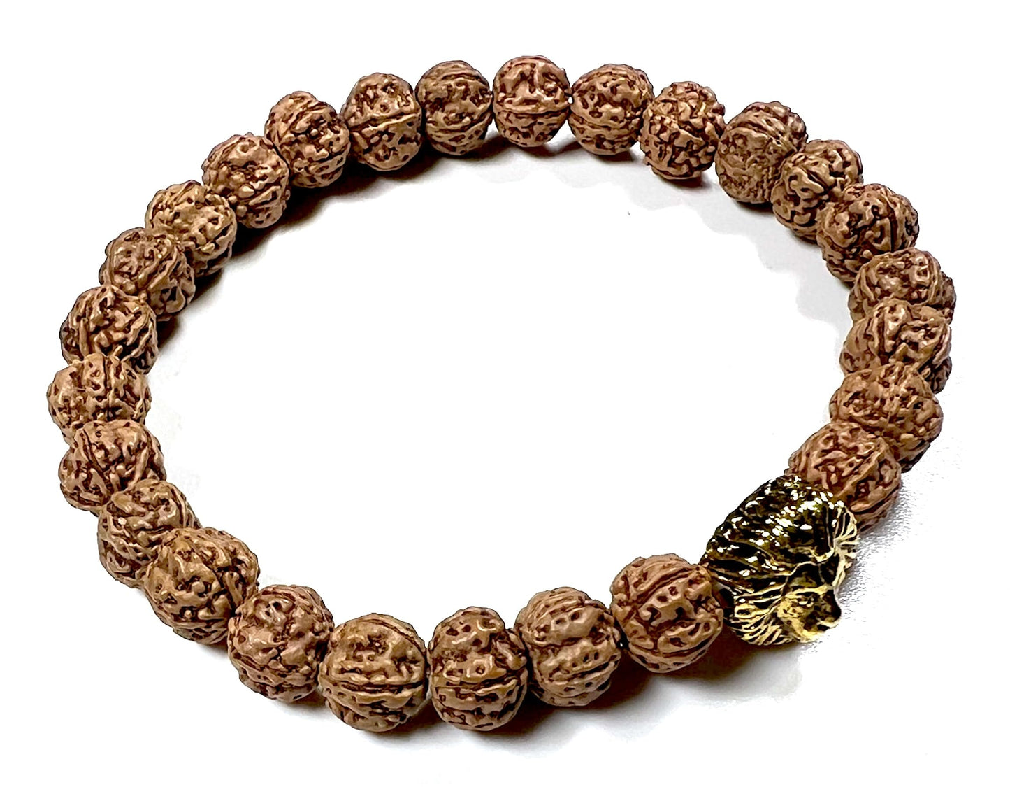 Unleash Inner Strength & Grounding: Handmade 5 Mukhi Rudraksha & Golden Polished Lion Head Bracelet (8mm) - Root Chakra & Universal Sun Sign