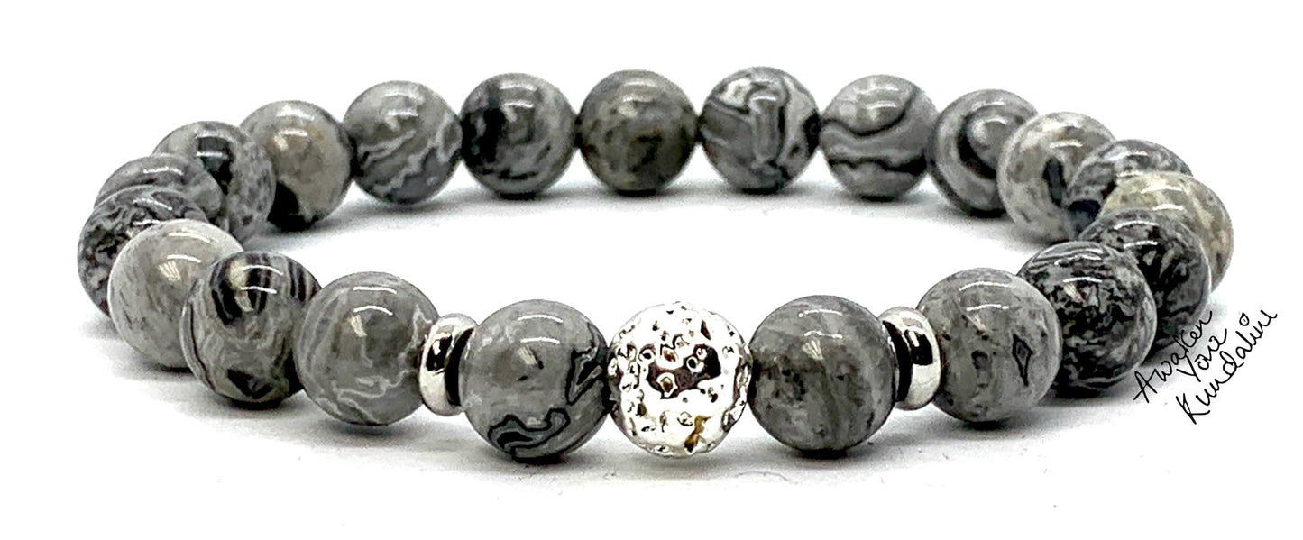Scenic Jasper and Lava Stretch Bracelet with Choice of Black or Silver Finish Lava Bead – Leo Birthstone and Root Chakra