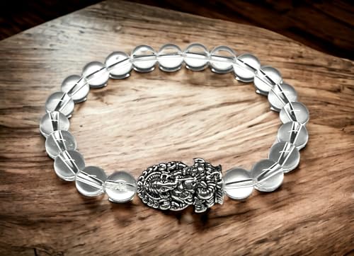 8mm Clear Crystal Quartz beaded stretch bracelet with a silver intricate Ganesha charm