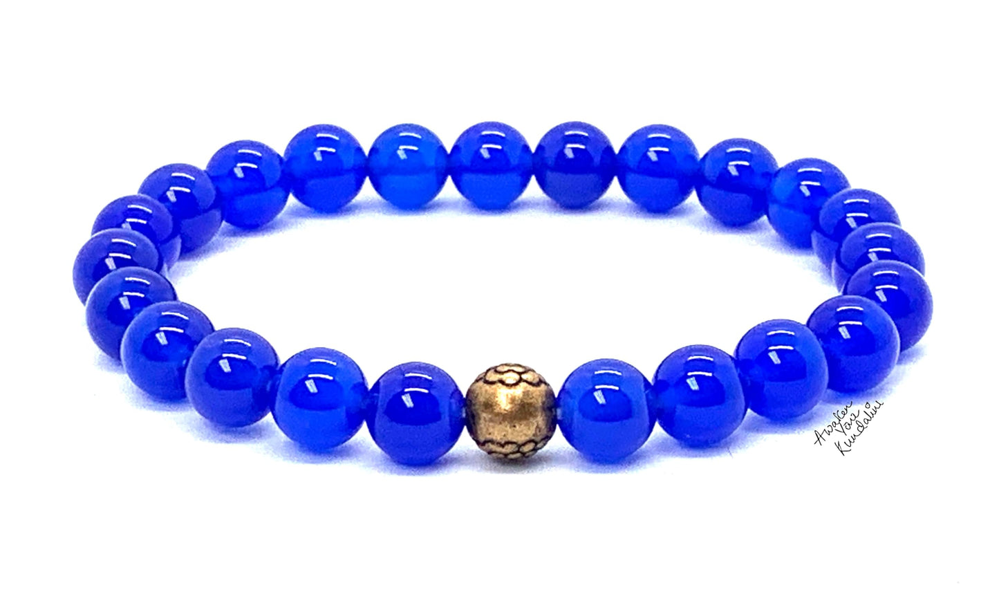 8mm Blue Jade Stretch Bracelet with Center Copper Bead - March Birthstone For Pisces - Throat Chakra Balancing Alignment & Activation