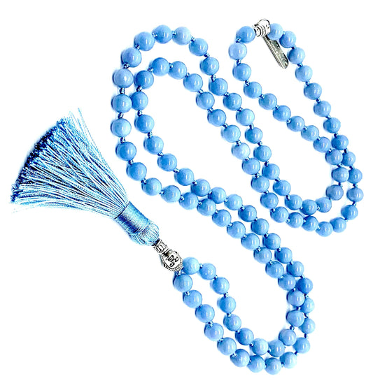 Angelite Beaded Necklace - Hand-Knotted Natural & Ethically Sourced – 8mm 108 Mala Beads – Throat & Crown Chakras – All Zodiac Birthstones – Spiritual Jewelry