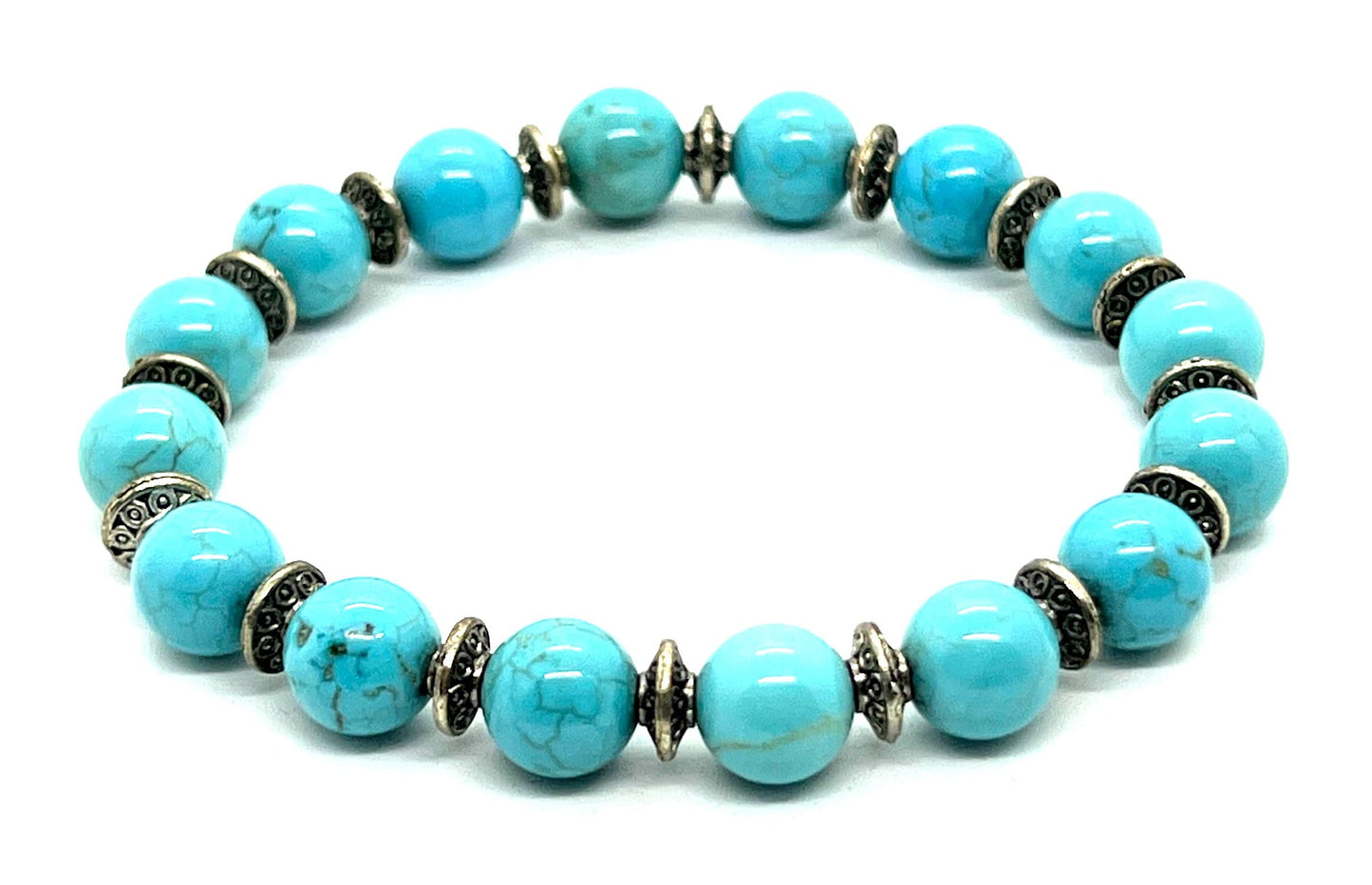 Turquoise Stretch Bracelet, Natural Gemstone Beads, Beaded Wristband, Boho Style, Handmade Jewelry, Communication, Emotional Balance - Approx. 7.25 Inches Wrist Size