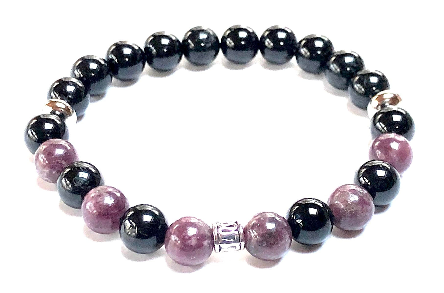 VESTA Black Tourmaline & Lepidolite Stretch Bracelet | Grounding & Emotional Balance | Root & Crown Chakra Healing | Handmade Crystal Jewelry | Unisex 8mm Beads