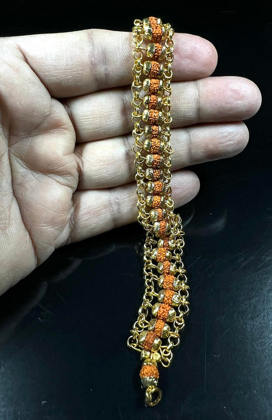 AWAKEN YOUR KUNDALINI 6mm Rudraksha Bracelet in Golden Finish Alloy Chain, Crown Chakra, Universal Zodiac Sun Sign, Wrist Size 7.5 Inches