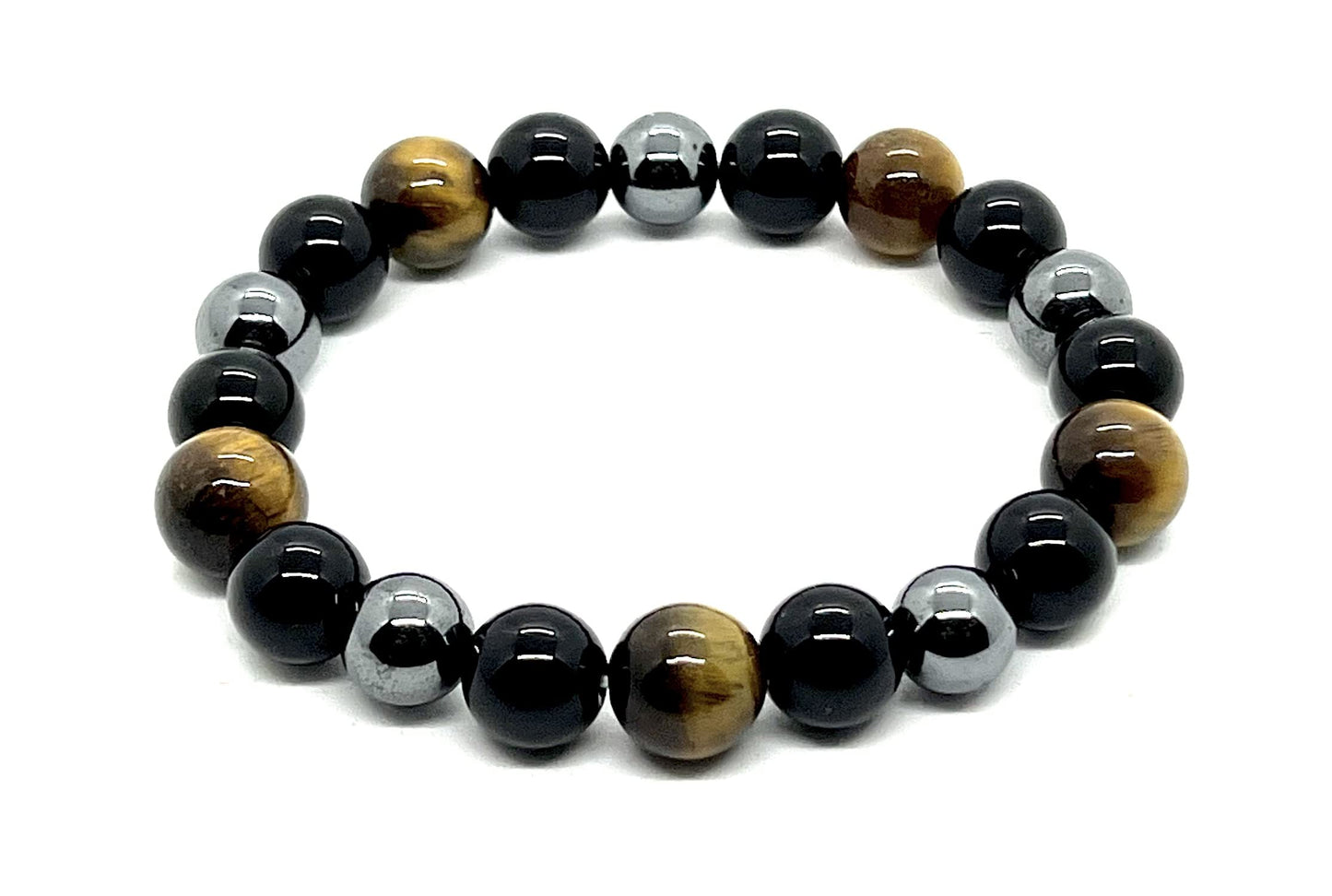 Triple Protection Bracelet - Tiger's Eye Black Tourmaline and Pyrite 10mm Beaded Stretch Bracelet - 7.5 Inches Wrist Size