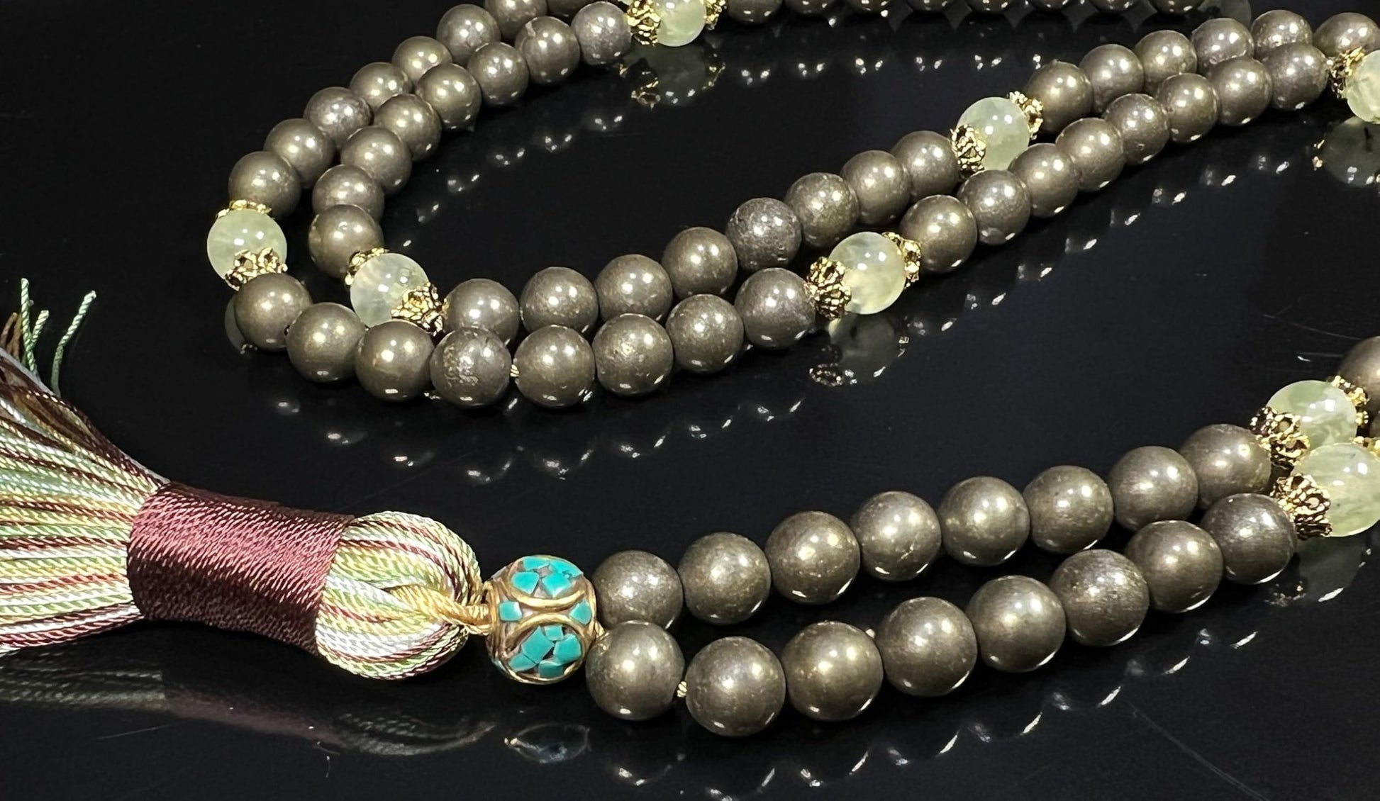 Golden Pyrite Green Prehnite Mala Beads Close-Up 8mm Natural Stones HIRANYA Collection Spiritual Protection Abundance Love Compassion Healing Crystal Therapy Handmade USA AYK