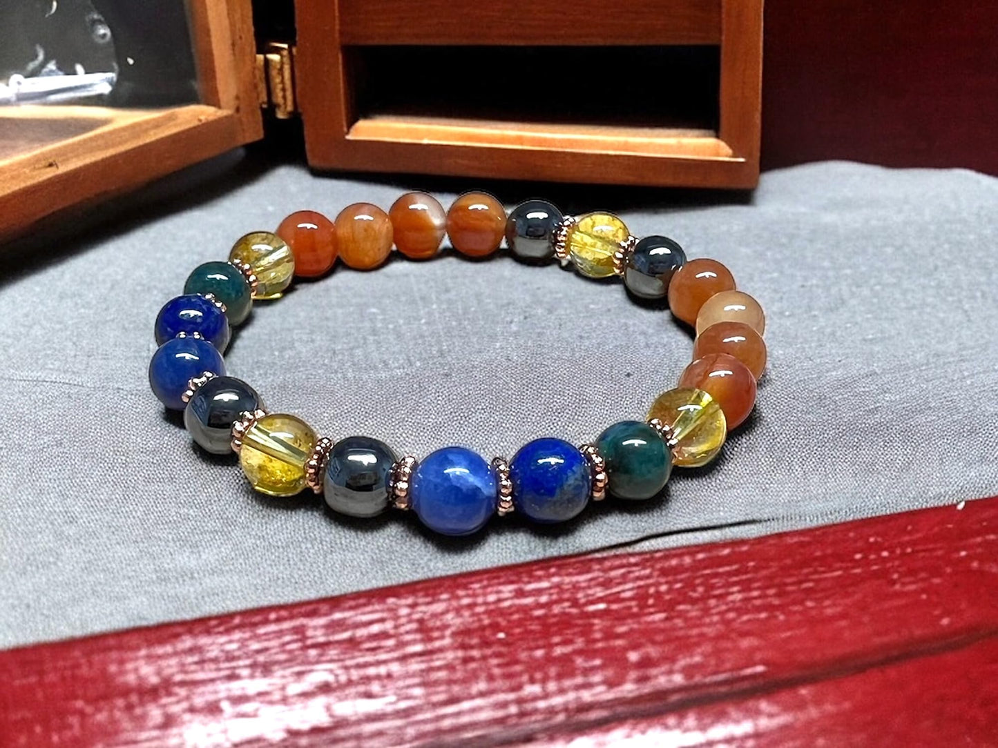 Celestial Harmony Bracelet with Lapis Lazuli, Citrine, Carnelian, Hematite, and Moss Agate Beads - Multi Chakra and Multi Birthstone Association