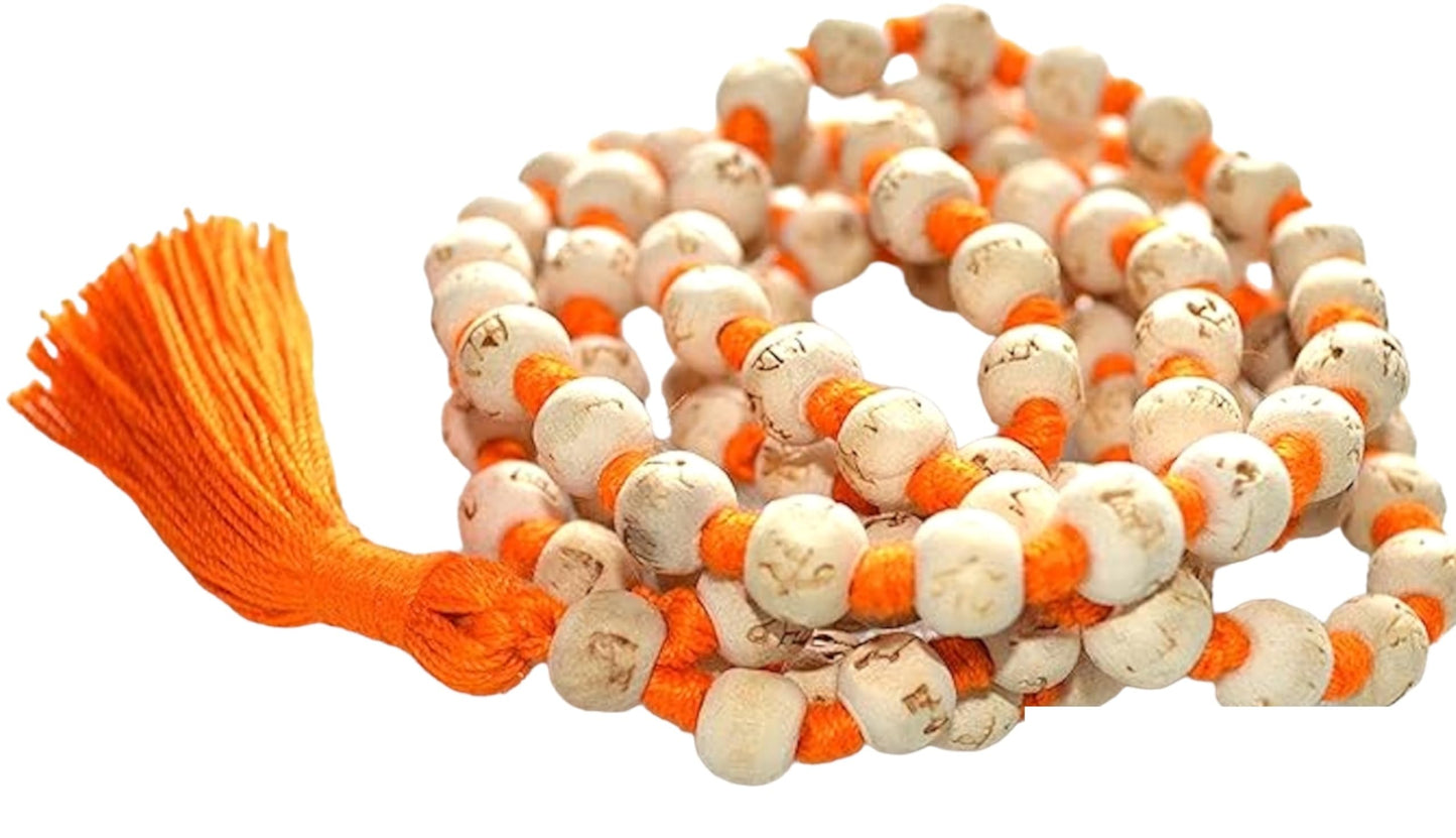 AWAKEN YOUR KUNDALINI Hand Knotted 8mm Tulsi Mala Necklace - Gemini Birthstone, Heart Chakra Alignment, Ram Engraving, Orange String & Tassel