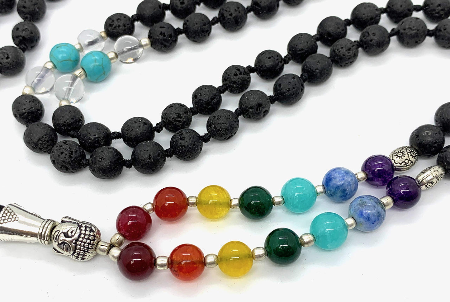 VULCAN 7 Chakra Lava Mala Necklace | Hand Knotted with Buddha Guru Bead | 8mm