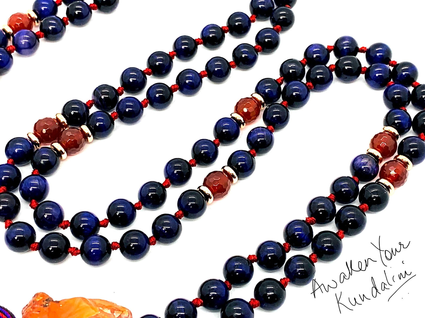 Hand Knotted Royal Vision Mala – Purple Tiger’s Eye with Faceted Carnelian Markers | 8mm 108 Beads | Third Eye & Sacral Chakras | July Birthstone Energy | Ethically Sourced
