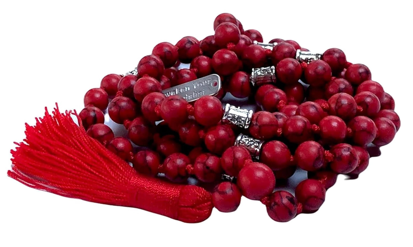 Certified Energized Mala Beads Necklace with COA - Chakra Mala - Japa Mala - 8mm 108 Buddhist Prayer Beads - Meditation Mala - Tassel Necklace – Zodiac/Sun Sign stones (Red Howlite)