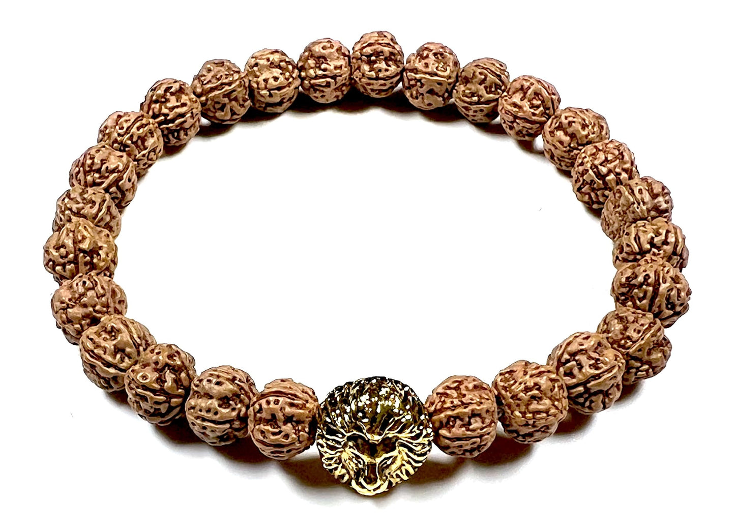 Unleash Inner Strength & Grounding: Handmade 5 Mukhi Rudraksha & Golden Polished Lion Head Bracelet (8mm) - Root Chakra & Universal Sun Sign