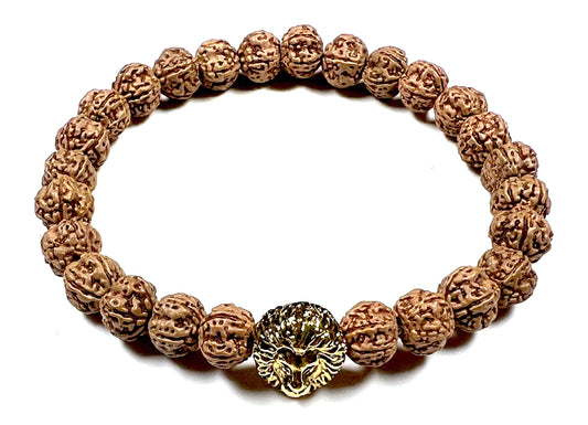 Unleash Inner Strength & Grounding: Handmade 5 Mukhi Rudraksha & Golden Polished Lion Head Bracelet (8mm) - Root Chakra & Universal Sun Sign