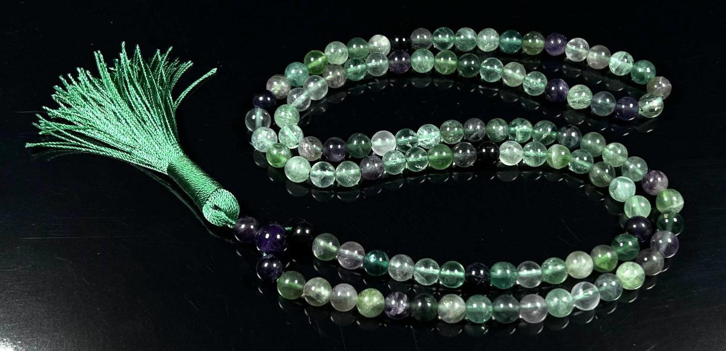 Handmade Rainbow Fluorite Mala Beads Necklace – 6mm & 8mm 108 Beads – Pisces Birthstone – Third Eye & Crown Chakra