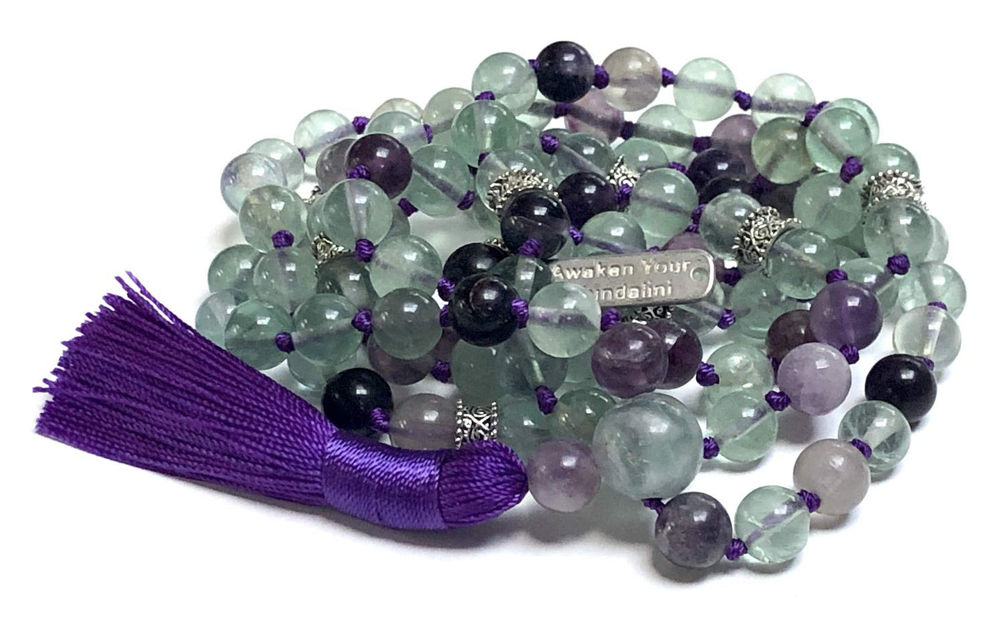 Hand-Knotted 8mm Rainbow Fluorite Mala Beads Necklace, Pisces Birthstone For February-March Heart and Third Eye Chakra