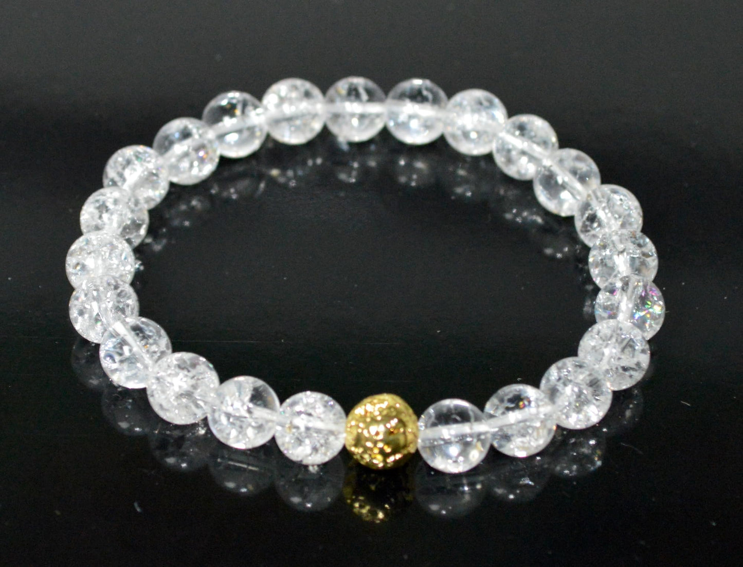 Himalayan Ice Crystal Quartz and Lava Beads Stretch Bracelet – Multi Tone Finish – Aries Birthstone – Universal Sun Sign - Crown Chakra Energy Bracelet