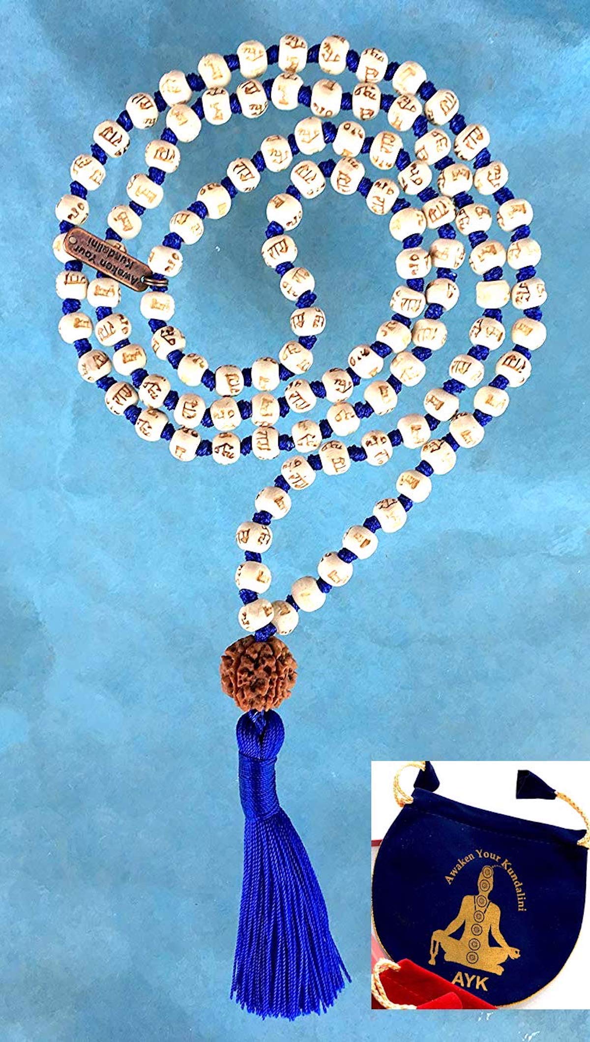 AWAKEN YOUR KUNDALINI Spiritual Harmony Tulsi Mala Necklace with 5 Mukhi Rudraksha - Cancerian Birthstone - Heart & Sacral Chakra Balance