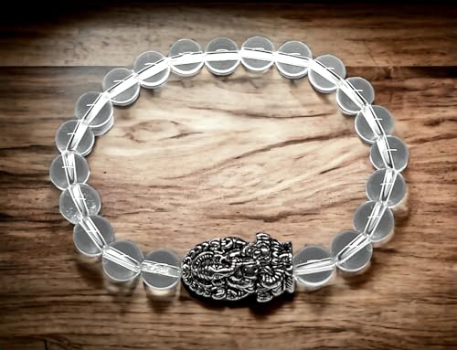 8mm Clear Crystal Quartz beaded stretch bracelet with a silver intricate Ganesha charm