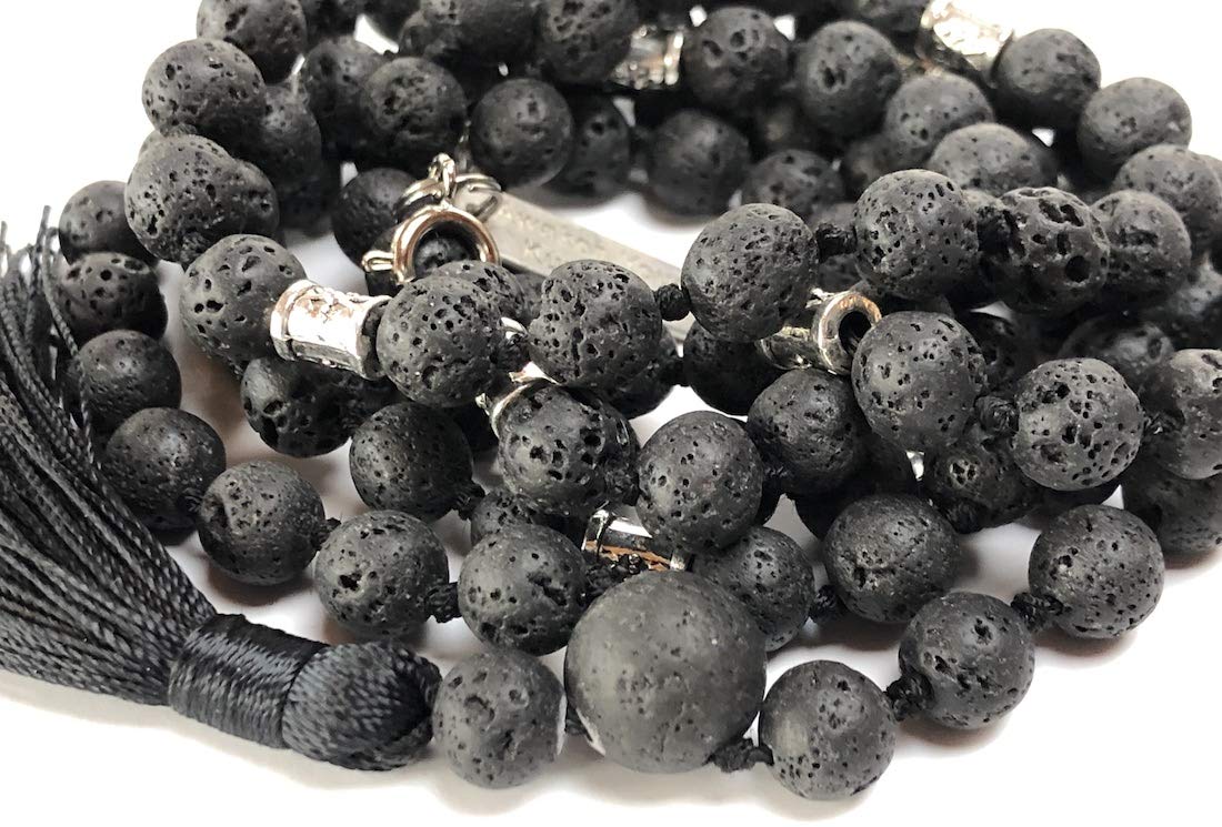 Handcrafted Lava Stone Mala Necklace 108 Beads 8mm VULCAN Fire Element Collection Grounding Protection EMF Shield Aromatherapy Meditation Jewelry AYK USA Volcanic Energy Sacred Beads