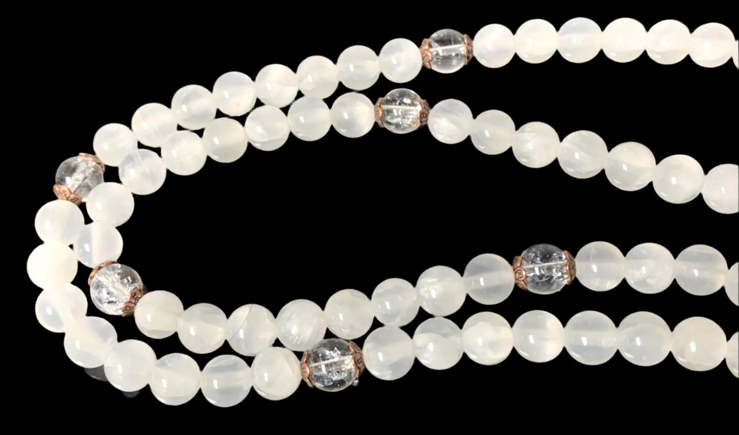 Selenite & Quartz Stretchable Mala Necklace| Crown & Third Eye Chakra