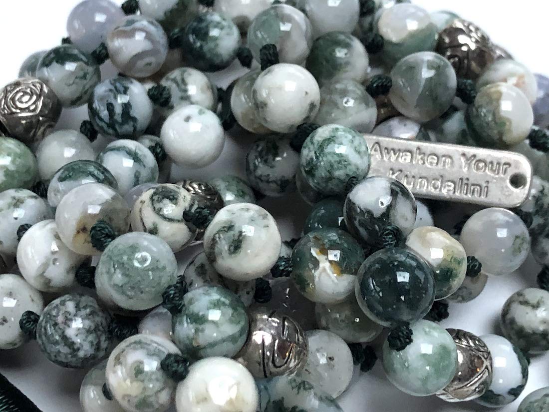 Hand Knotted Green Tree Agate Mala Necklace - Gemini & Virgo Birthstone - Root & Heart Chakra - 8mm 108 Beads with Zinc Alloy Spacers