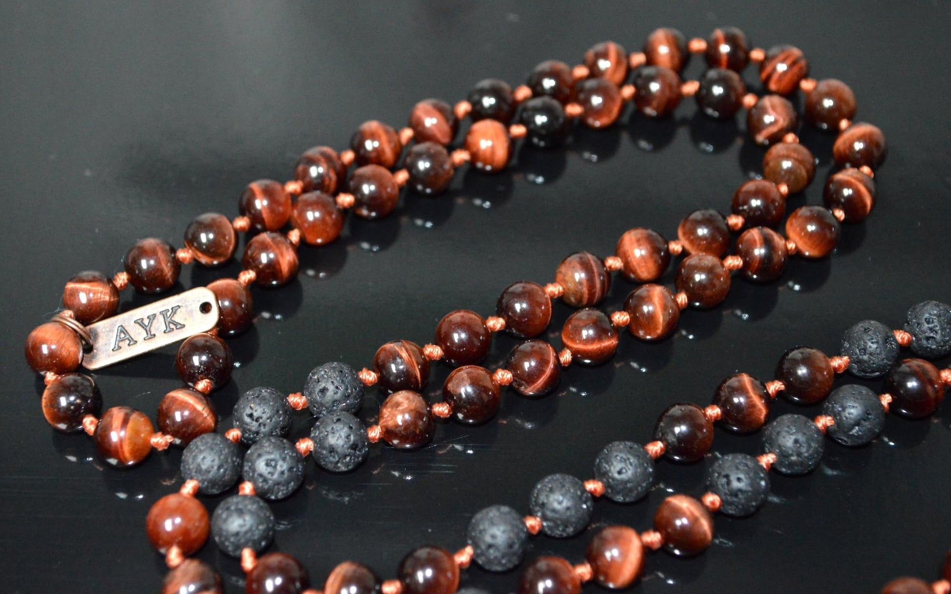 VULCAN Red Tigers Eye Lava Mala Close-up 108 Beads 8mm Natural Stone Sacred Red Tigers Eye Lava Beads Root Sacral Chakra Courage Grounding Spiritual Protection Handmade USA AYK Collection Fire Element