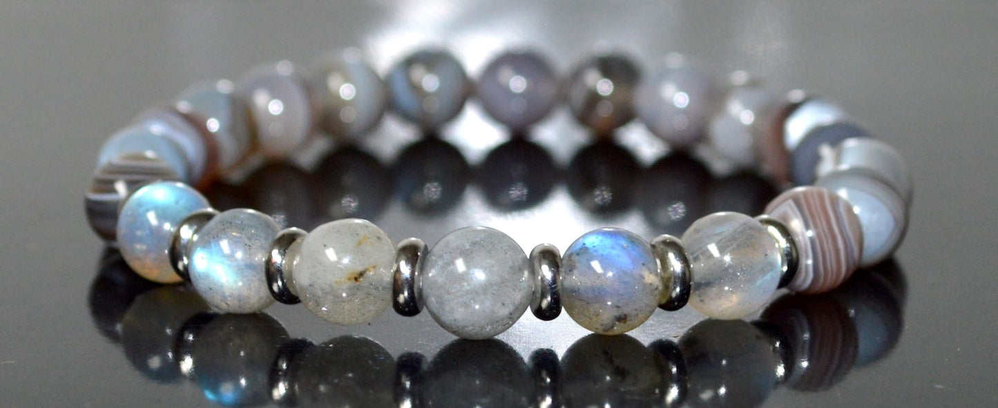 Botswana Agate & Labradorite Stretch Bracelet - Gemini & Pisces Birthstone - Root & Third Eye Chakra