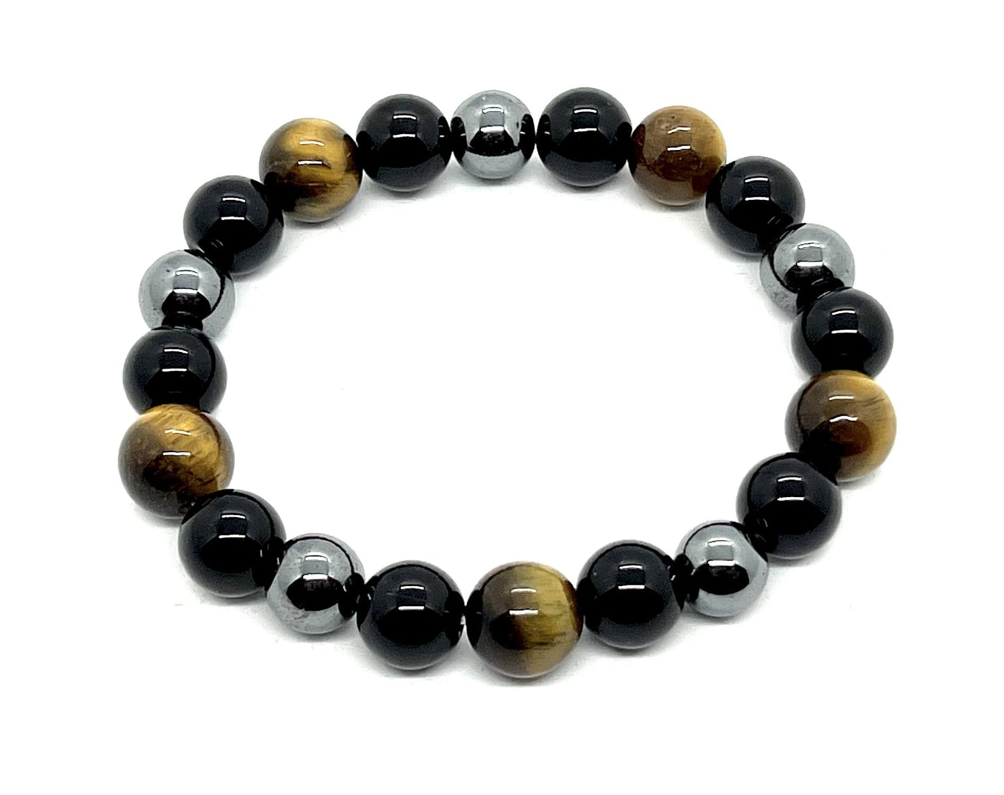 Triple Protection Bracelet - Tiger's Eye Black Tourmaline and Pyrite 10mm Beaded Stretch Bracelet - 7.5 Inches Wrist Size