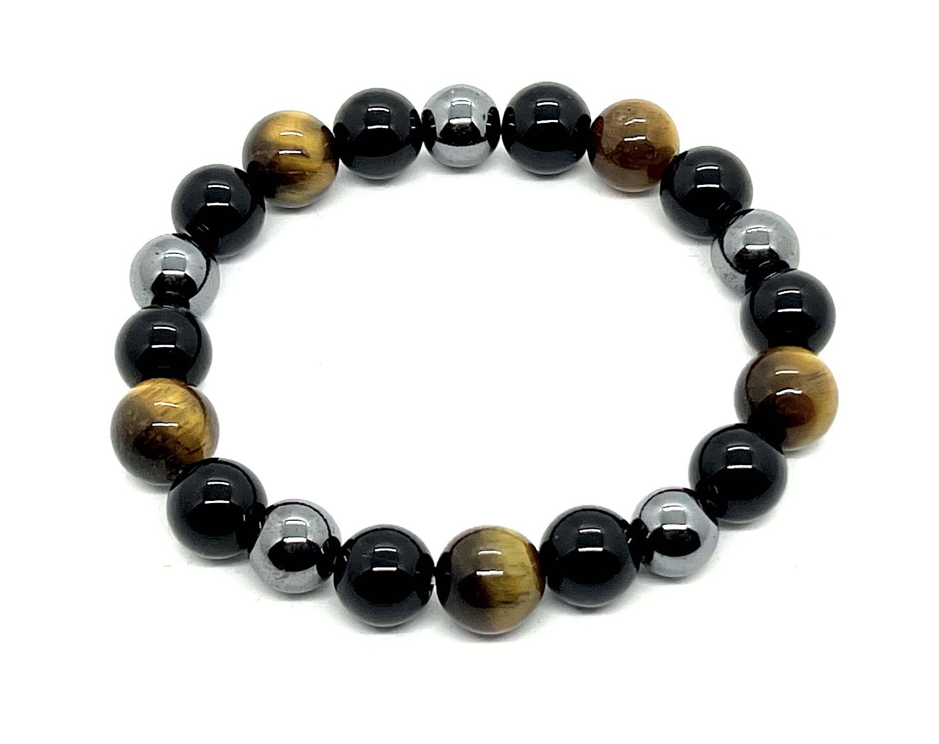 Triple Protection Bracelet Flat Lay Tiger's Eye Black Tourmaline Hematite 8mm Beads VESTA Collection Root Solar Plexus Chakra Protection Grounding Healing Meditation Natural Stone Handmade USA AYK