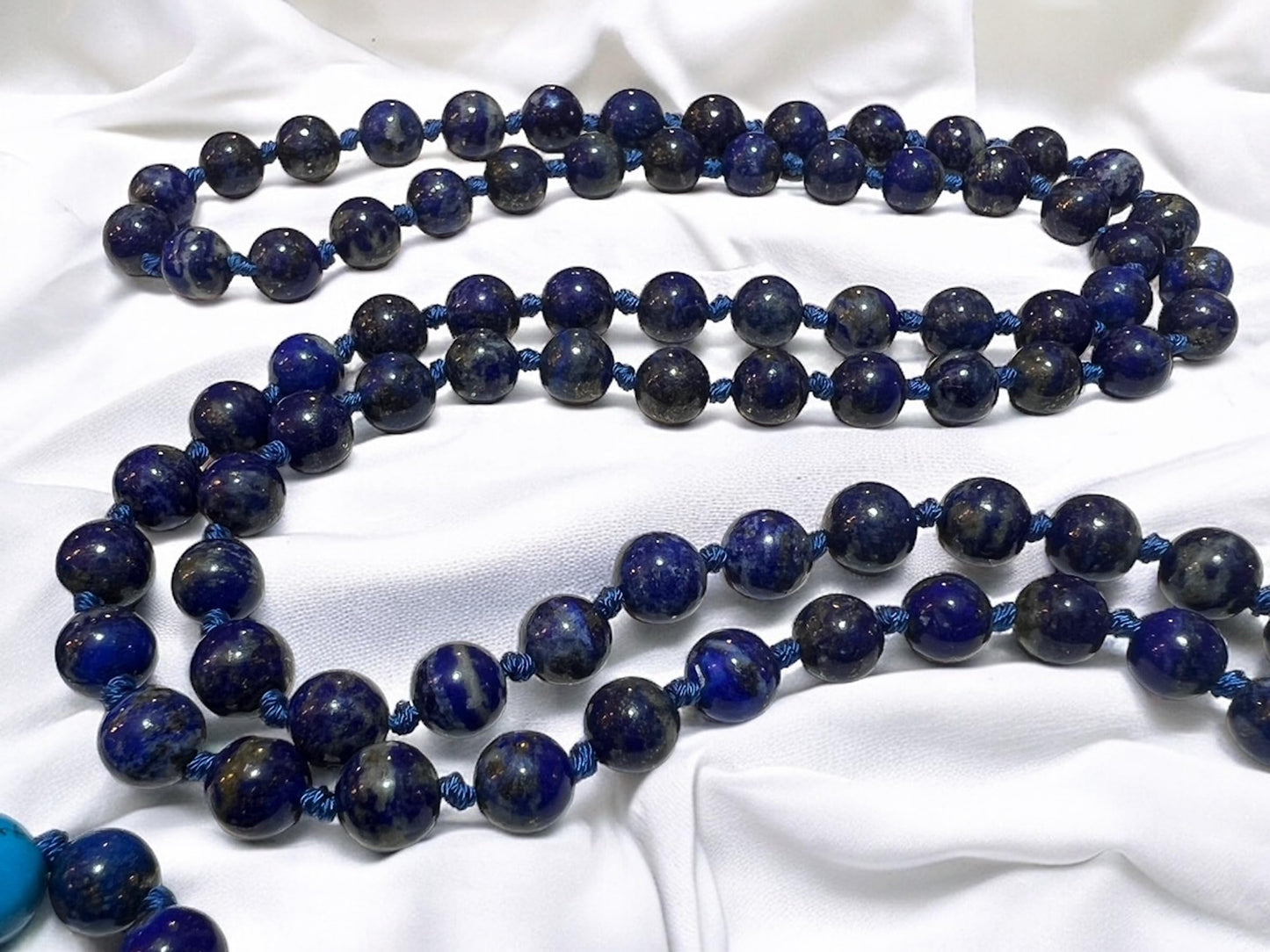 Hand Knotted 10mm Lapis Lazuli Mala Beads Necklace | Third Eye & Throat Chakra Healing | Intuition & Communication Boost - Natural Undyed