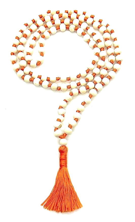 Tulsi Mala Beaded Necklace - Hand Knotted Tulasi Beads - 7 Chakra Mala (Orange String)