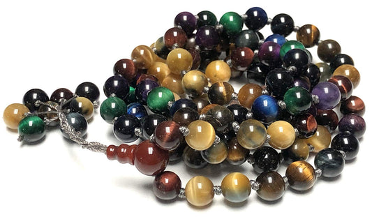 Stunning Multi-Color Rare Tiger's Eye Tiger Eye Mala Beads Necklace - Leo & Sagittarius Birthstone - Multi Chakra Association
