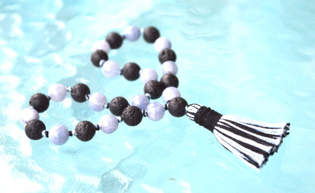 Aquamarine & Lava Pocket Mala | 27 Beads for Courage & Calm | ANKURA Collection