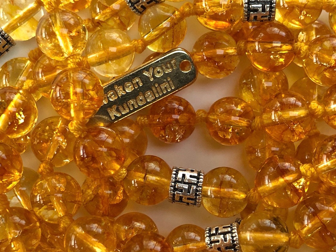 Citrine Moon Goddess Mala Flat Layout SOLIS Collection 108 Hand-Knotted Beads 8mm Natural Citrine Gemstone Solar Plexus Chakra Meditation Necklace Abundance Prosperity Spiritual Jewelry Handmade USA AYK