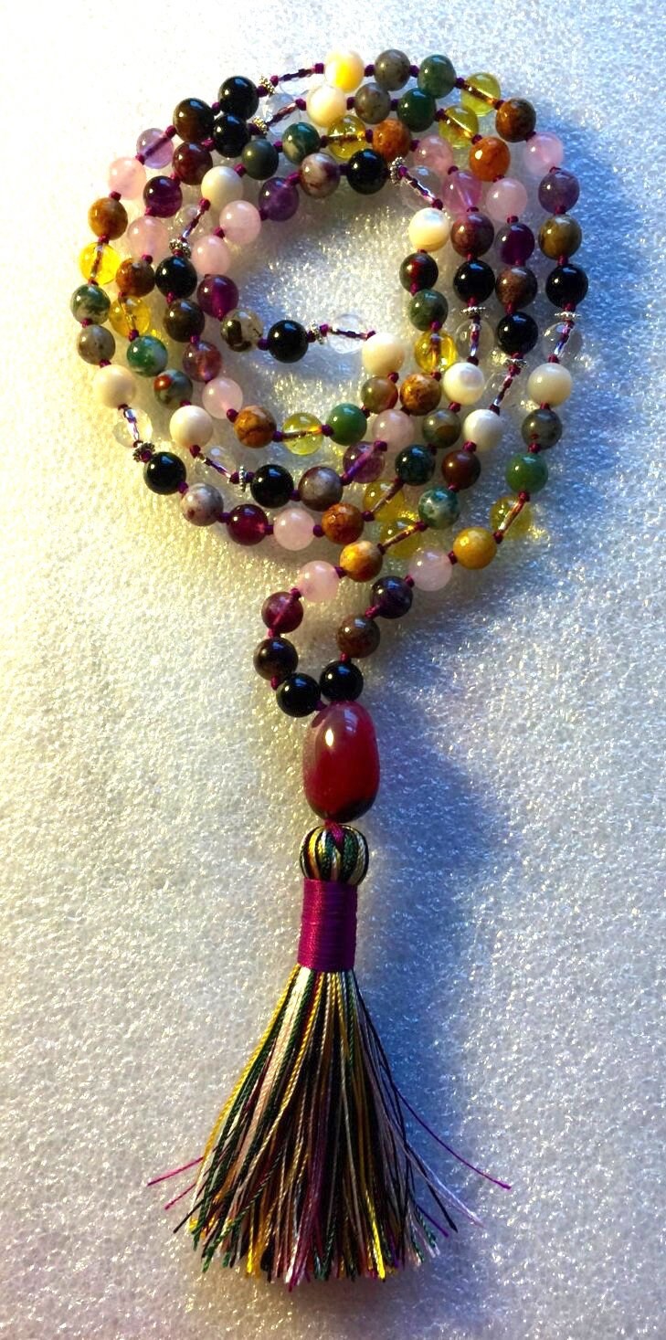 108 Mala Beads Necklace, Psychic Ability Vision, Dimentia, tourmaline, onyx citrine, pearl, bloodstone, moss agate. quartz crystal