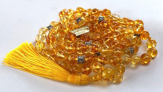 Citrine Moon Goddess Mala Necklace 108 Beads Hand-Knotted 8mm SOLIS Collection Solar Plexus Chakra Activation Natural Citrine Gemstone Abundance Meditation Jewelry Handmade USA AYK Protection Healing Spiritual Empowerment