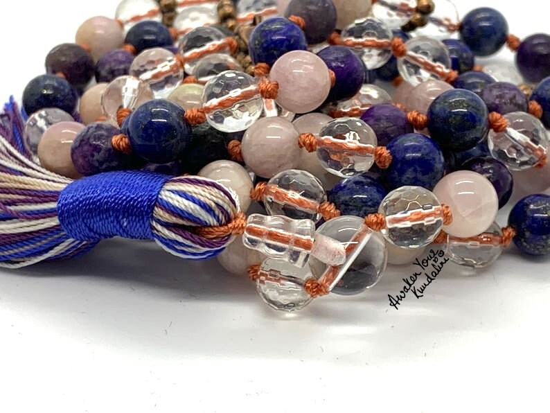 Blue Lapis Lazuli, Quartz, Charoite & Kunzite Mala Necklace | SATYA & SAPHTIKA Collection