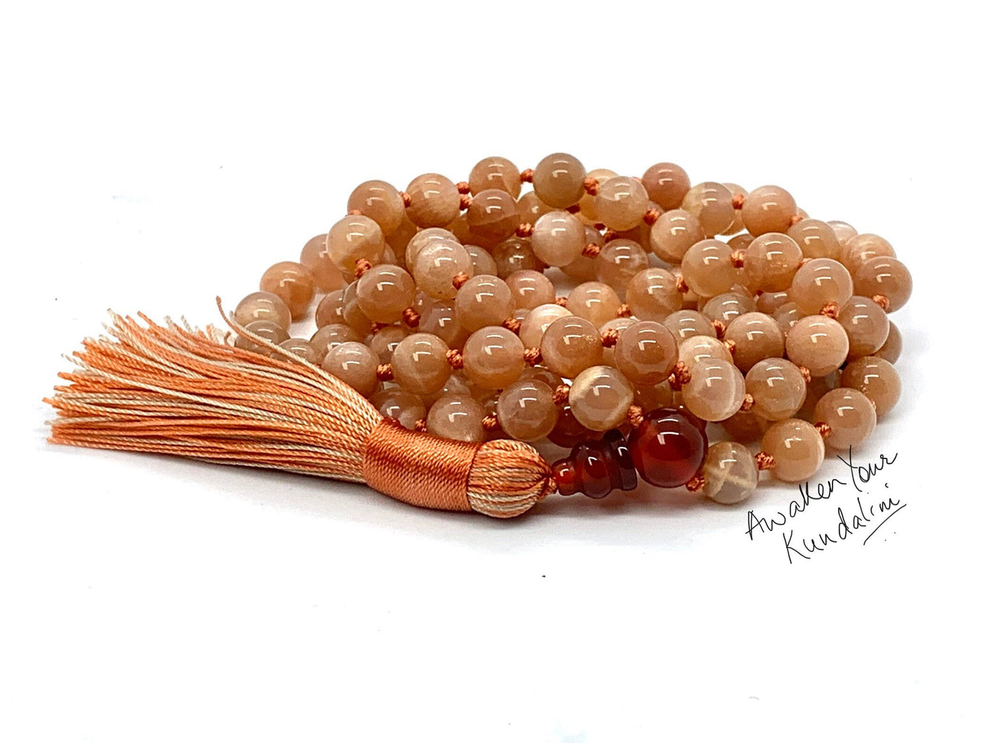 Hand Knotted Sunstone Mala Necklace – Confidence, Joy & Emotional Healing | Sacral Chakra | VESTA Collection