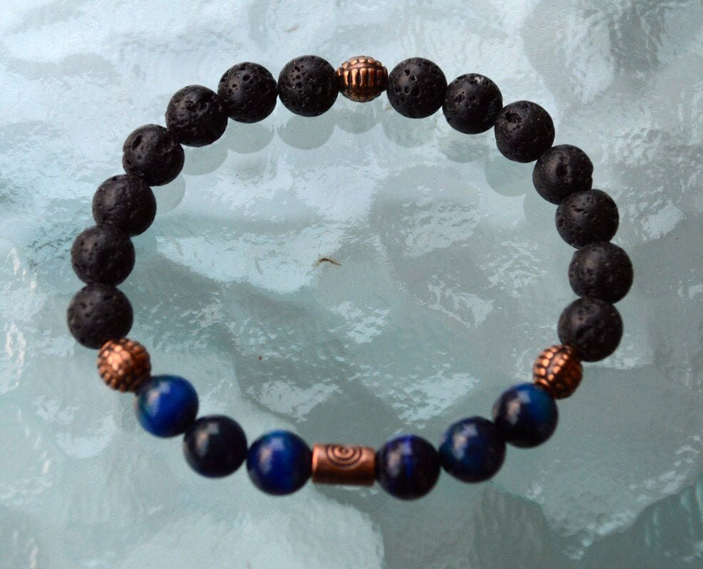 VULCAN Lava Stone Blue Tigers Eye 8mm Bracelet - Root Third Eye Chakra Healing - Volcanic Grounding Intuition Enhancement - Hand-Crafted Stretch Bracelet - VESTA Collection - Essential Oil Diffuser Stones - Natural Stone Handmade USA AYK